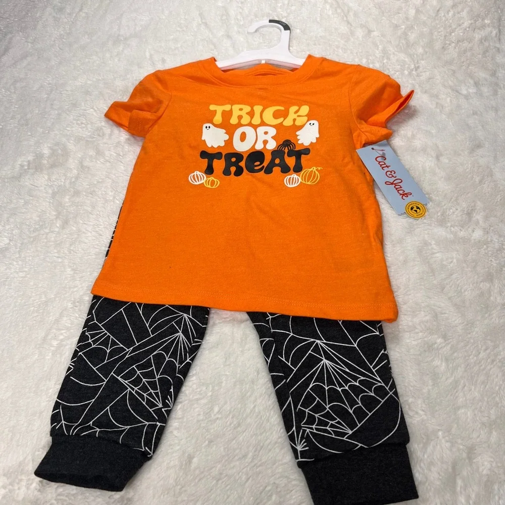 Cat Jack Toddler Girls Orange Trick or Treat‎ Ghost Spider Web Halloween Set 18M